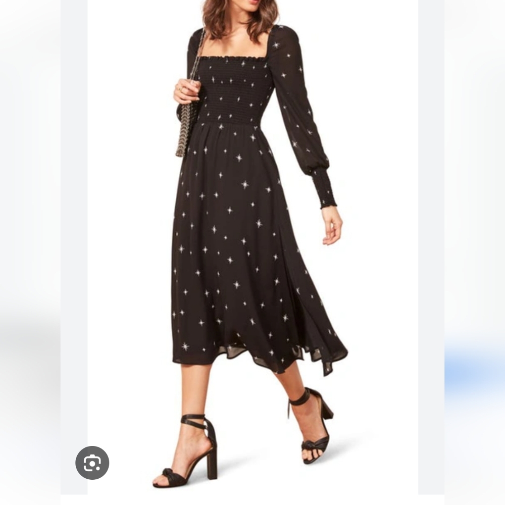 Reformation Size Small Black Rowan Midi Dress In Constellation